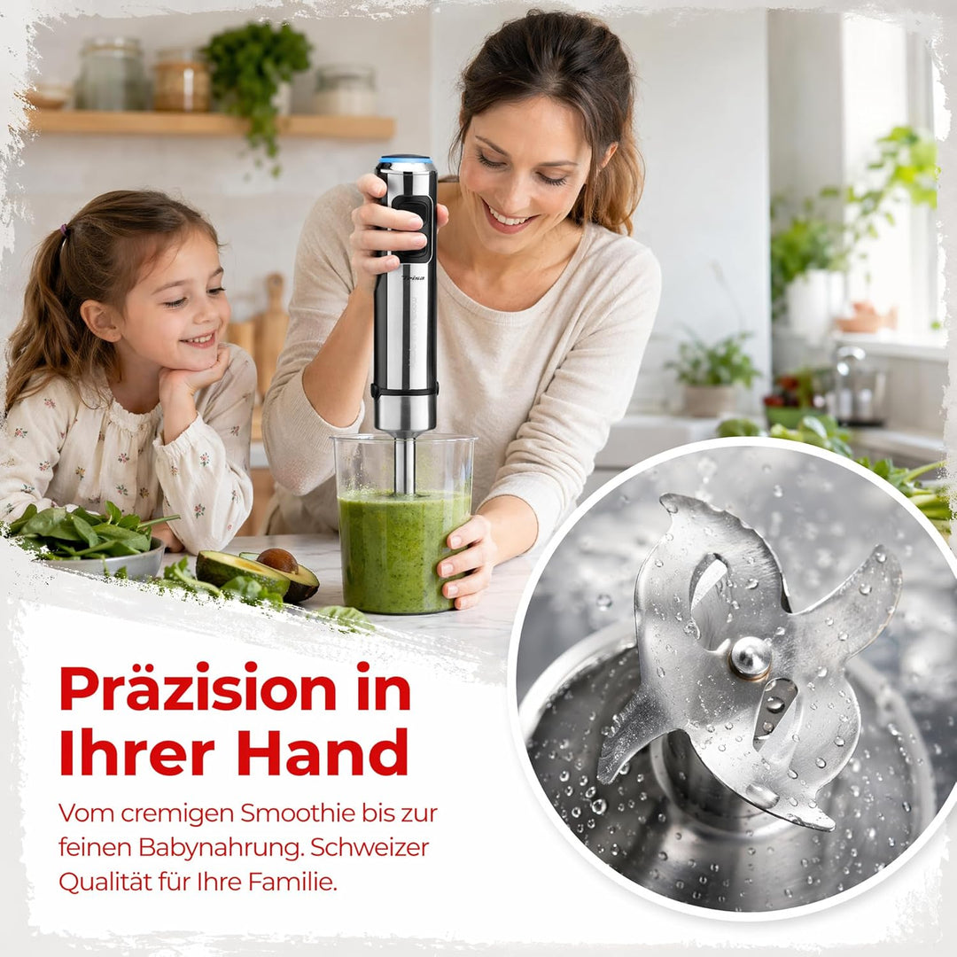 Trisa Stabmixer, 1200W, Edelstahl Pürierstab, Hand Blender mit 4-Klingen-Cutter, variable Geschwindi