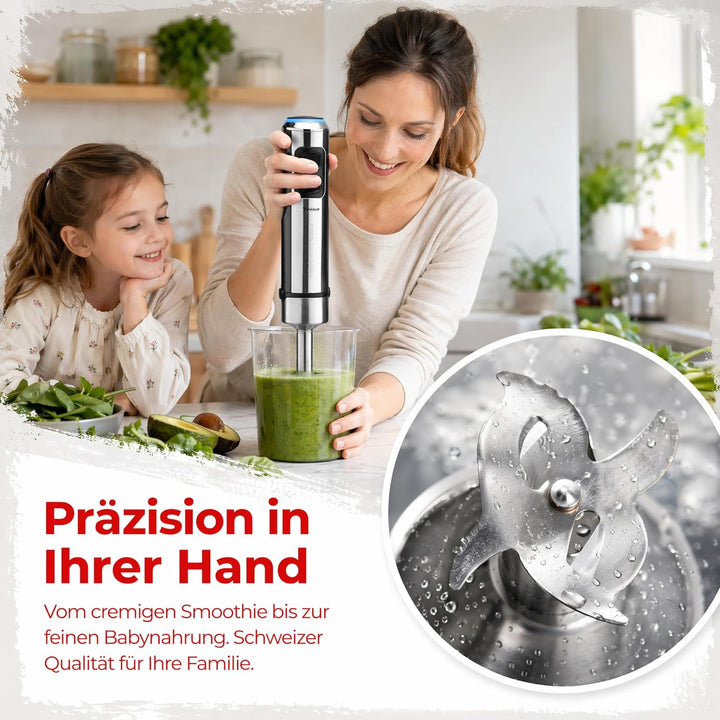 Trisa Stabmixer, 1200W, Edelstahl Pürierstab, Hand Blender mit 4-Klingen-Cutter, variable Geschwindi