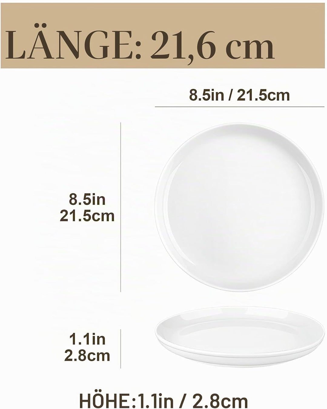 MALACASA, Serie REG, 21,5 x 2,8 cm Dessertteller-Set mit 6 Stück, Cremeweisses Porzellan-teller-Set,