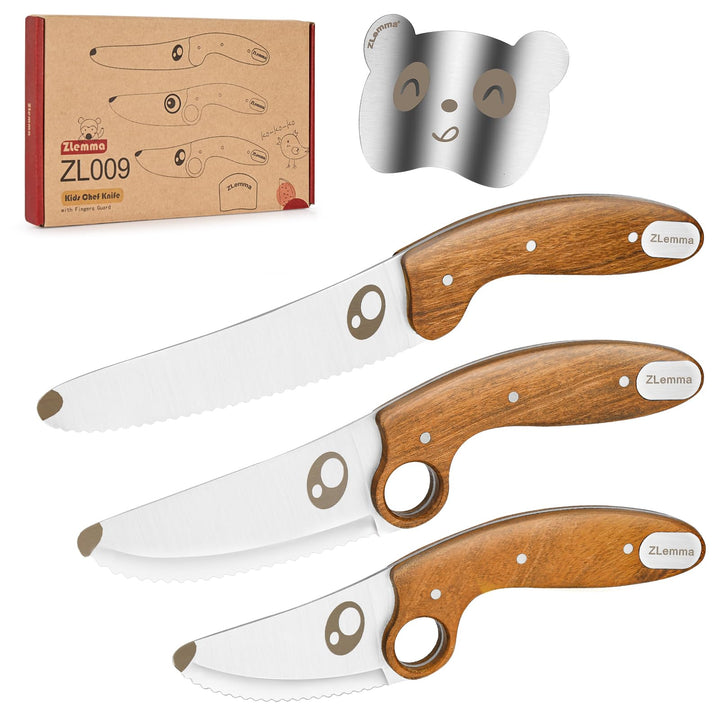 Kindermesserset für echtes Kochen mit pädagogischem Ring und gezackter Klinge und Panda-Fingerschutz
