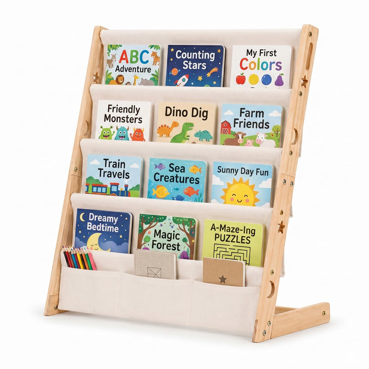 COSYLAND Bücherregal Kinder aus Kiefernholz, 4 Tiefe Fächer für Übersicht | Cover frontal sichtbar,