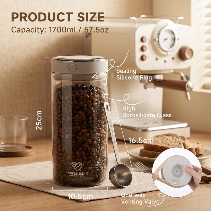 Kaffeedose Luftdicht Glas 1.7L, Kaffeebohnen Behälter Bohnen mit Auslassventil Datumsanzeige Inklusi