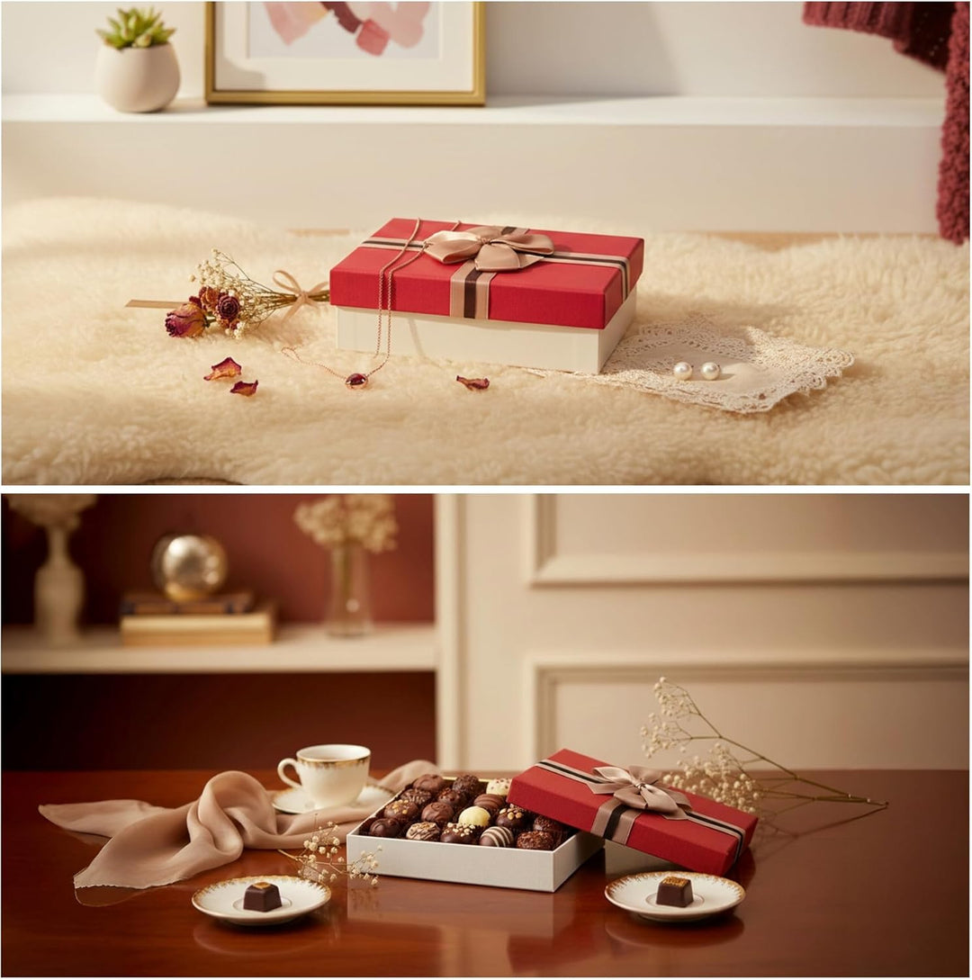 Emartbuy Set mit 3 starren Geschenkboxen, cremefarbene Box mit rotem Deckel, braun gestreiftes Schle