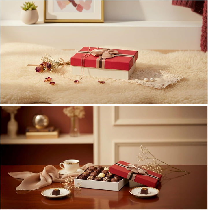 Emartbuy Set mit 3 starren Geschenkboxen, cremefarbene Box mit rotem Deckel, braun gestreiftes Schle