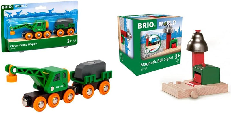 BRIO 33698 - Grüner Kranwagen mit Anhänger und Fracht & World 33754 Magnetisches Glockensignal - Eis