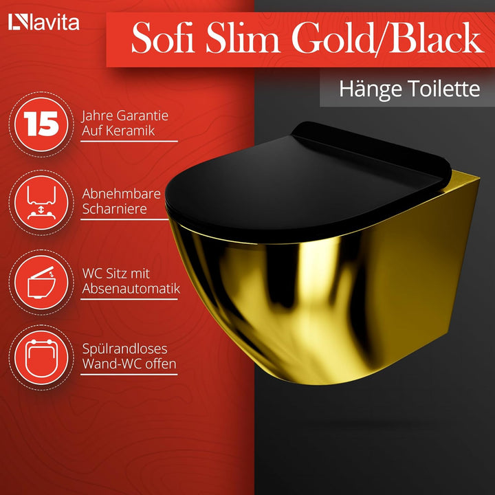 LAVITA Wand-WC Sofi Slim Gold/Black Hänge Toilette WC Sitz Colordeckel mit Absenkautomatik &amp; Metalls