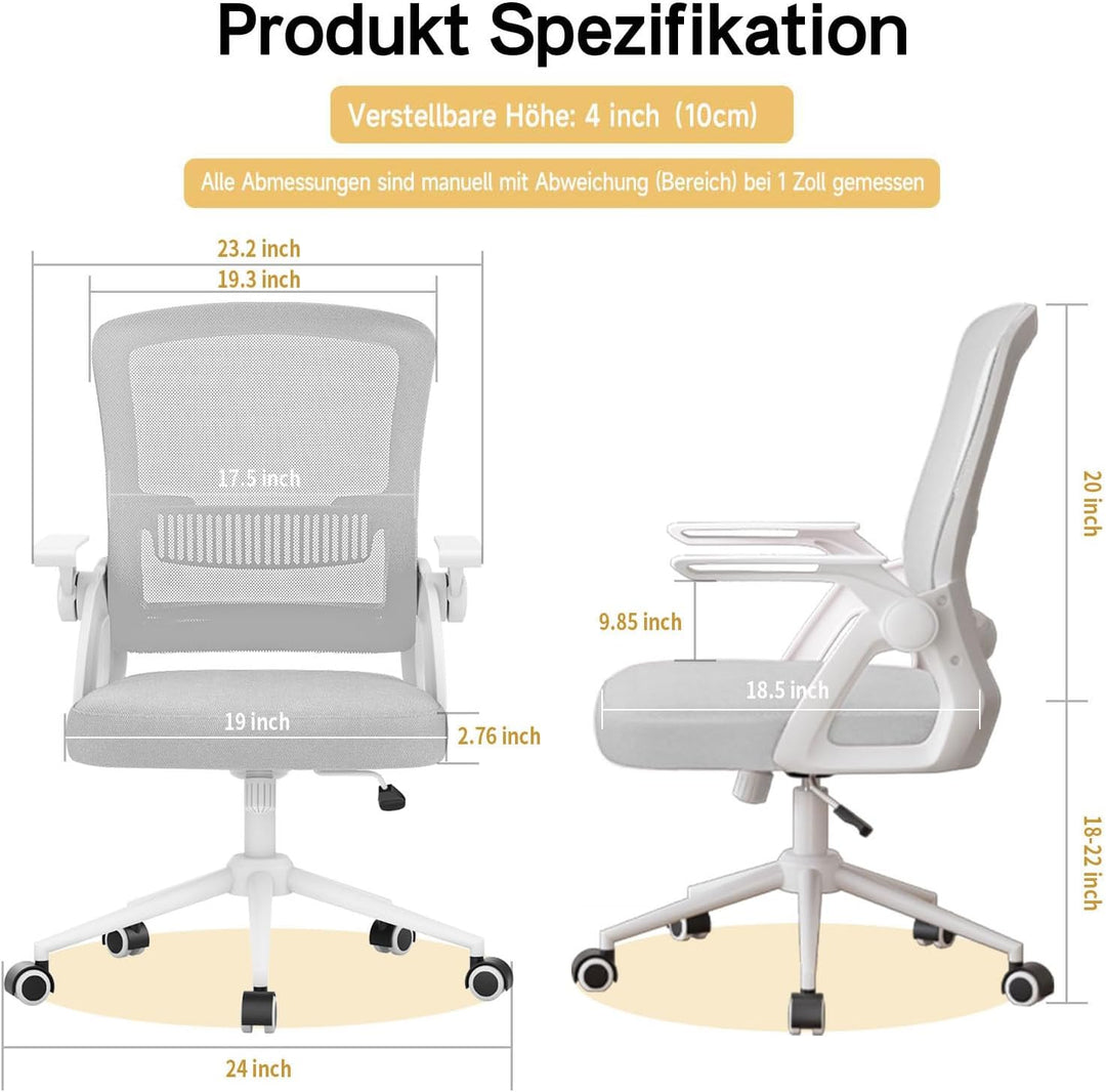 naspaluro Bürostuhl mit Hochklappbare Armlehnen, Schreibtischstuhl Ergonomisch, Drehstuhl mit Netzbe