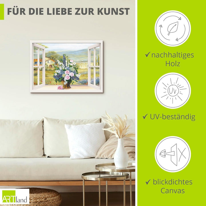 ARTland Leinwandbilder Wandbild Bild auf Leinwand 100x70 cm Landschaften Fensterblick J4WH Blumenbou