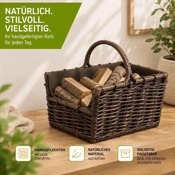 Kobolo Kaminholzkorb Holztrage Holzkorb für Kaminholz -Rattan- mit abnehmbaren dunklem Stoff