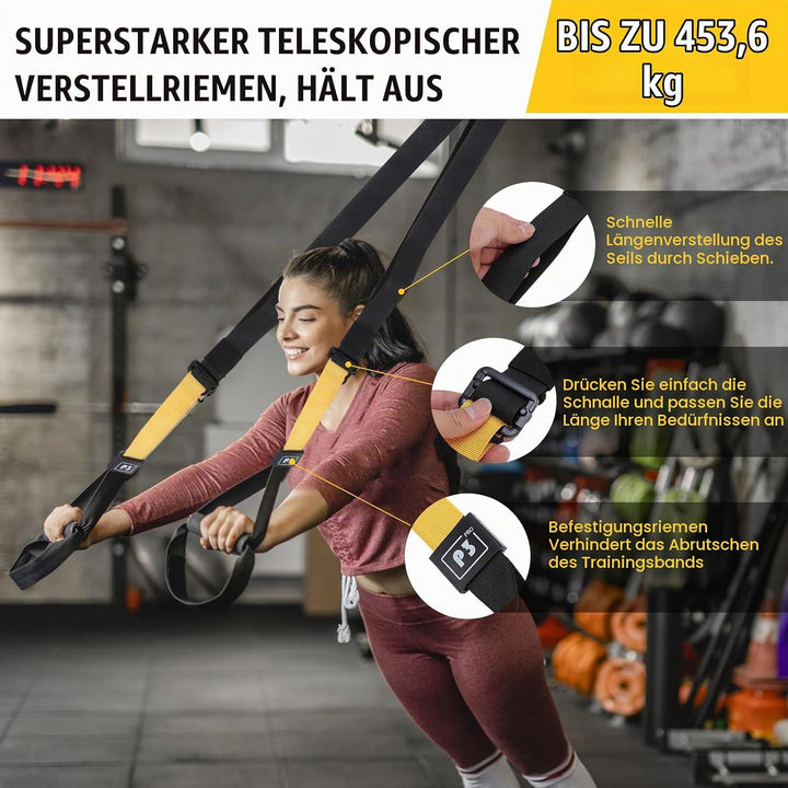 Schlingentrainer für ein Ganzkörpertraining für Home Gym Der Sling trainer wird mit einer eigenen Ne