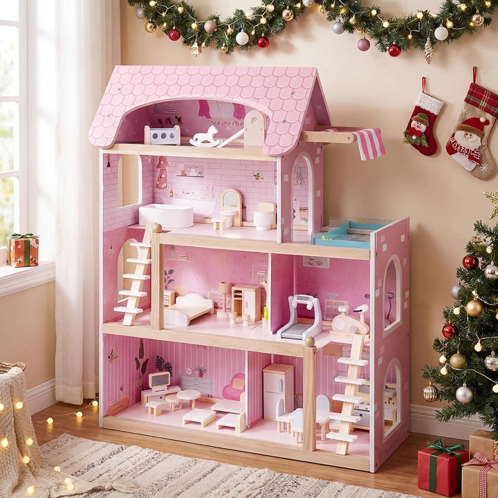 COSTWAY Puppenhaus Holz, Kinder Dollhouse mit 33 Möbelstücken, Puppenstube mit Balkon & Pool, Puppen