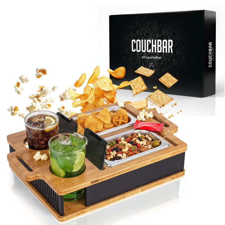 AH® Couchbar Snackbox mit Leuchteffekt – Bambus Sofa Tablett mit 2 Edelstahl-Schalen, Handy- & Geträ