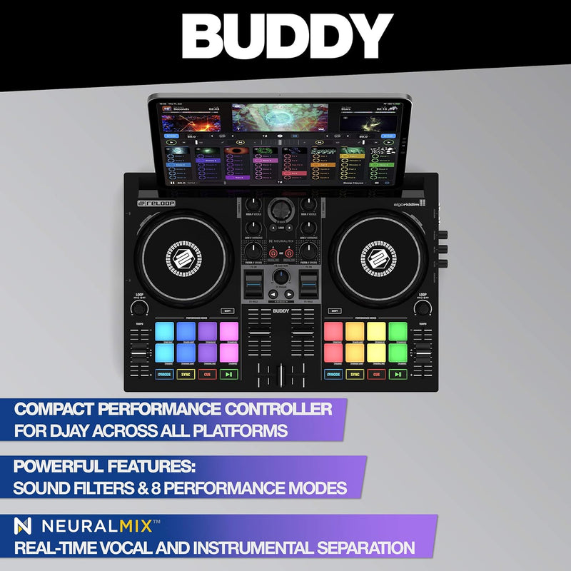 Reloop Buddy Kompakter 2-Kanal DJ Controller für Algoriddim DJay auf iOS, PadOS, Android, Mac und PC