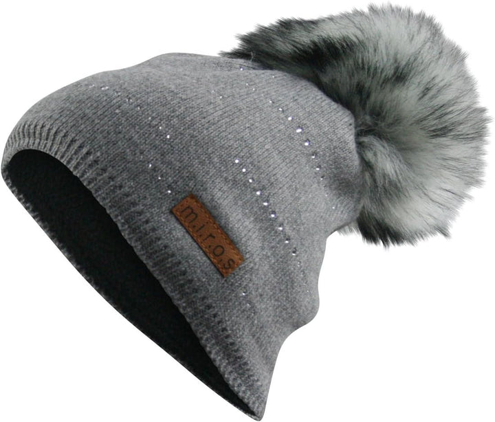 m.i.r.o.s Tiffany Damen Wintermütze Grau mit Kristallen | handgemachte Bommel Mütze