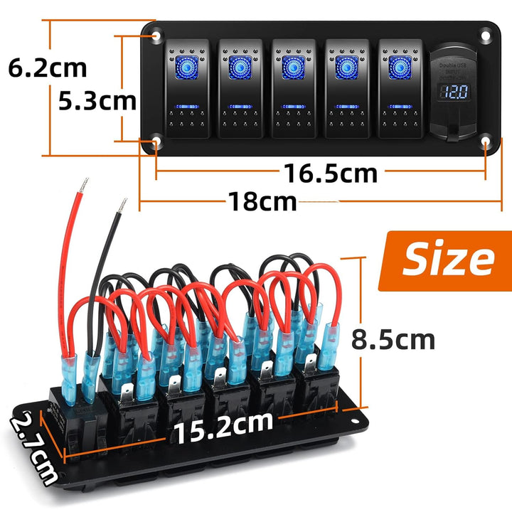 12V/24V Schalter Panel Schaltpanel, Dual-USB-Ladegerät 4.8A LED Voltmeter, Zigarettenanzünder 5 Kipp
