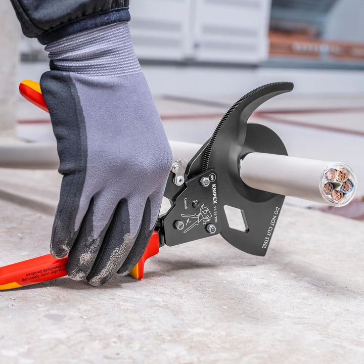 Knipex Kabelschneider (Ratschenprinzip) schwarz lackiert, isoliert mit Mehrkomponenten-Hüllen, VDE-g