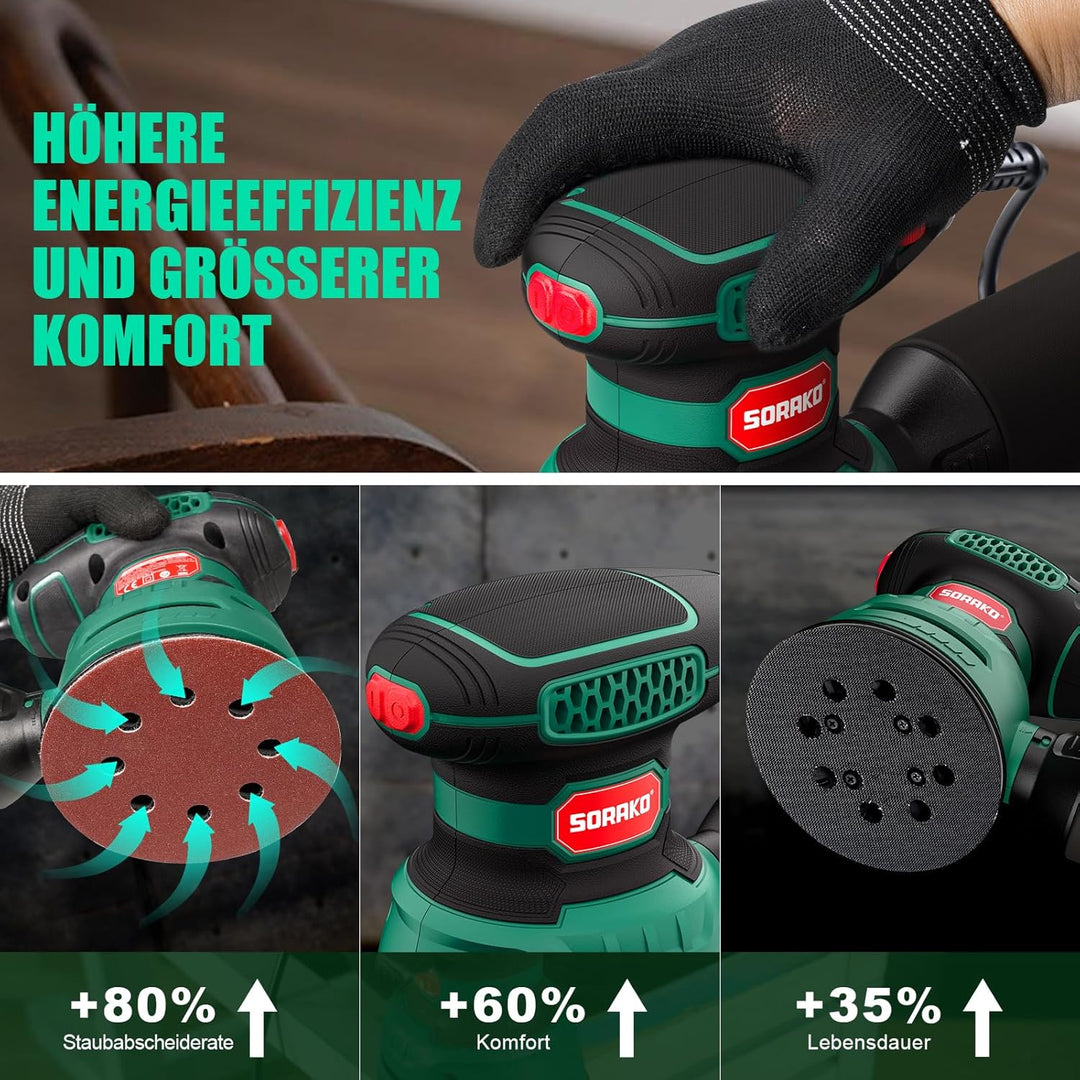 SORAKO Exzenterschleifer 350W 125MM - 6 Geschwindigkeiten,16 Schleifpapiere inklusive, mit Staubsamm