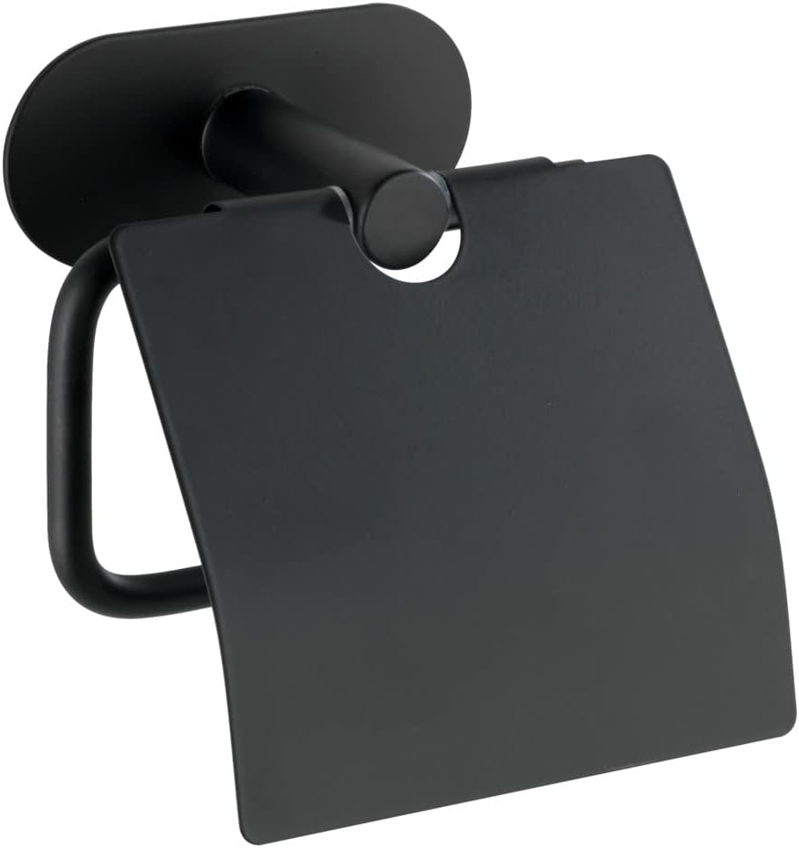WENKO Turbo-Loc Toilettenpapierhalter mit Deckel Orea Black Matt, Befestigen ohne bohren, Papierroll