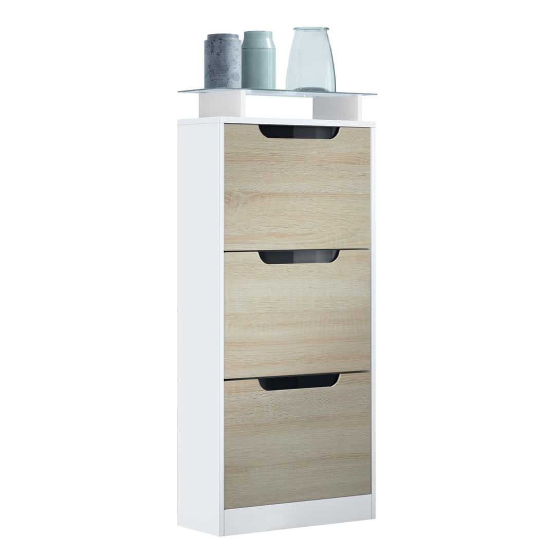 Vladon Schuhschrank Space V2, Schuhkipper für 12 Paar Schuhe mit 3 Klappen und Glasablage, Weiss mat
