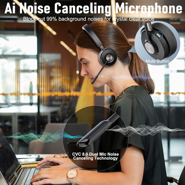 Headset mit Mikrophone Bluetooth, Hybrid Active Noise Cancelling Kabelloses Headset für PC Laptop, 3