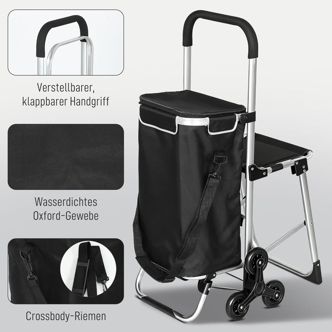HOMCOM 3-in-1 Einkaufstrolley klappbar mit 40L Kapazität, klappbar Sitz, Trolley bis 25kg belastbar
