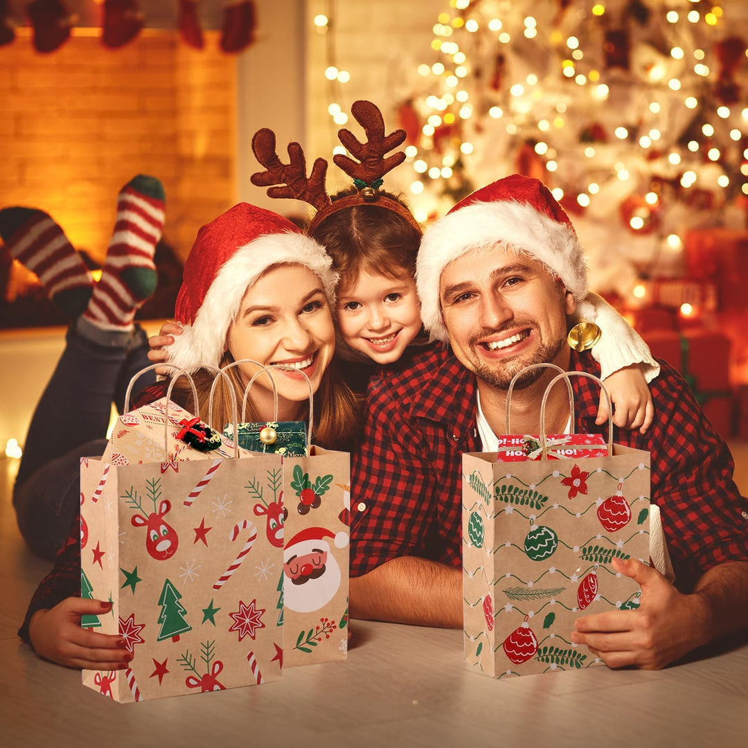 24 Stück Papiertüten Weihnachten Geschenktüten mit Henkel, Braun Weihnachtstaschen Weihnachtsgeschen