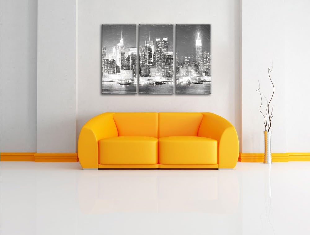 Pixxprint New York City Skyline bei Nacht Kohle Effekt 3-Teiler Leinwandbild 120x80 Bild auf Leinwan