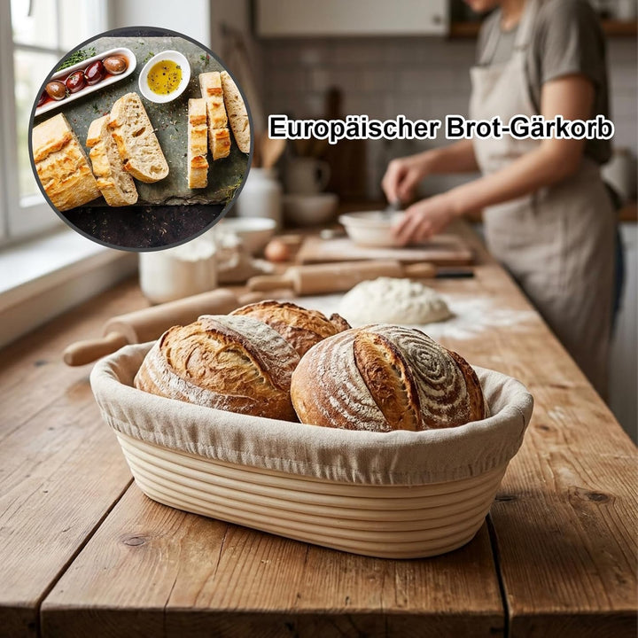 Ovales Gärkörbchen-Set (25x15x8 cm) mit Leinenhaube – Handgeflochtener Rattan-Gärkorb für Brotteig b