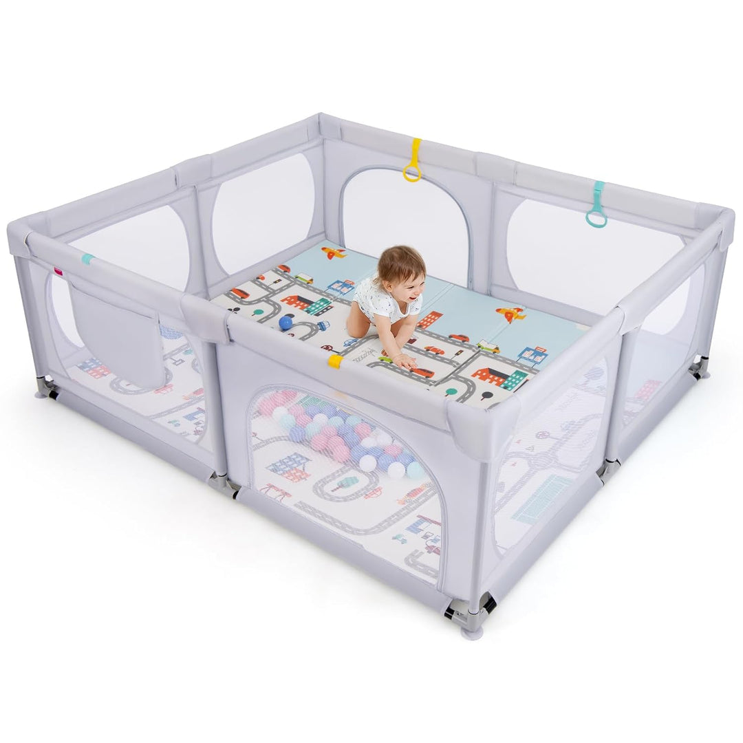 GOPLUS 189x158 cm Laufstall Baby, Laufgitter mit atmungsaktiver Netz, 4 Reissverschlusstür, Tragetas