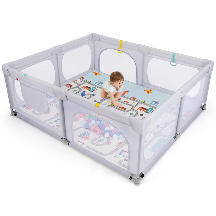 GOPLUS 189x158 cm Laufstall Baby, Laufgitter mit atmungsaktiver Netz, 4 Reissverschlusstür, Tragetas
