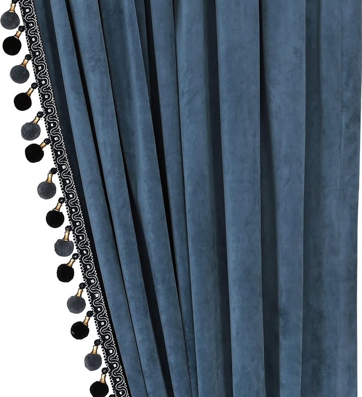 Luxuriöser Pompon-Vorhang für Wohnzimmer, Verdunkelungsvorhänge, Samt, 2 Paneele, luxuriöse Quaste,