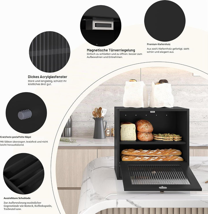 Alpeir Brotkasten Holz Gross 2 Etagen Brotbox mit Magnetisch Acryl Sichtfenster und Schublade, Ecke