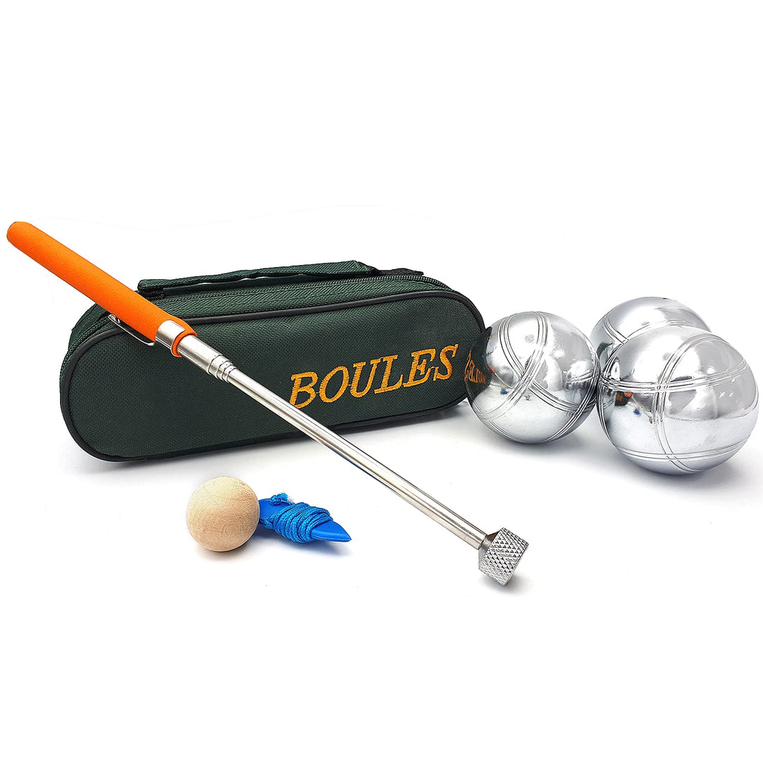 EUROXANTY Boules | 3 Bocciakugeln aus chromiertem Stahl | Pétanque-Set mit Etui und Kugelaufsammler