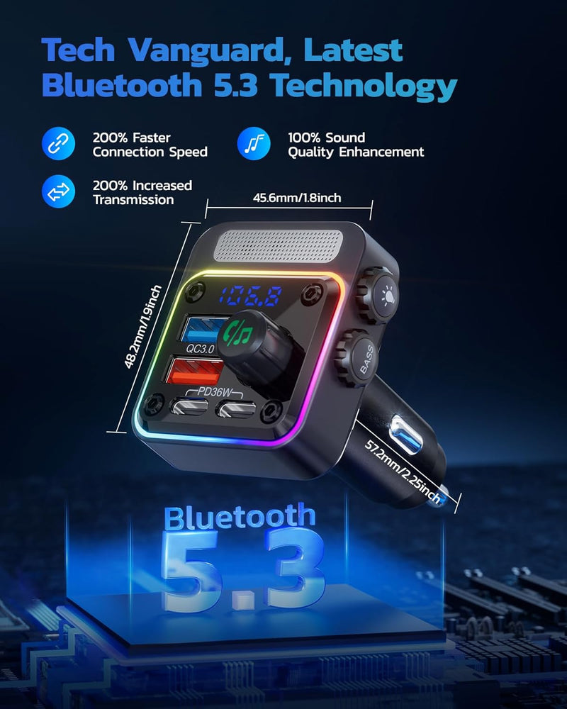 Nulaxy Bluetooth 5.3 FM Transmitter 54W [PD 36W & QC3.0 18W] Schnelles Autoladegerät mit 4 Ladeansch