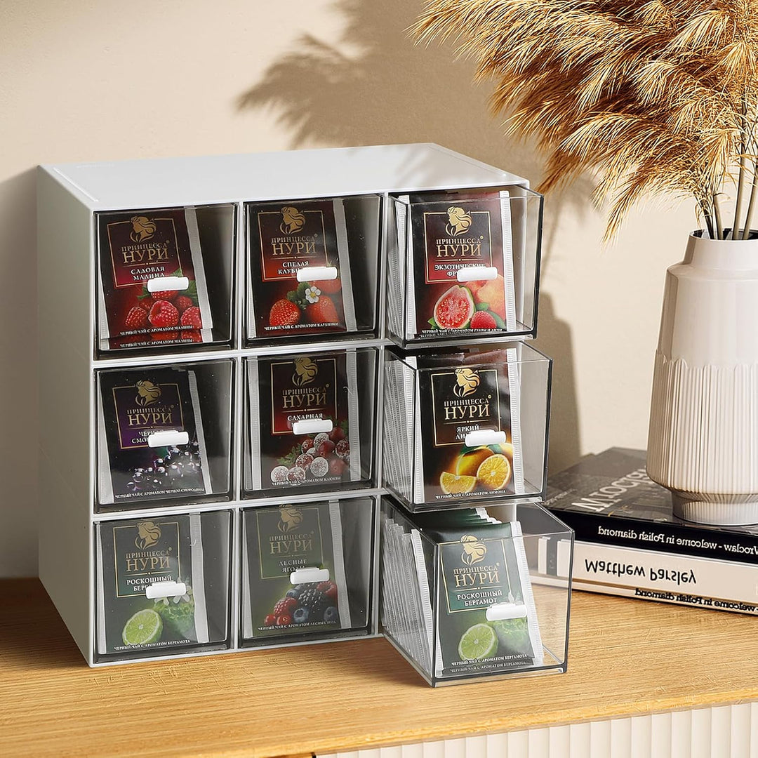 3 Stück Teebox Kunststoff mit 9 Schubladen 22.6x16,5x7,6cm Teebeutel Organizer Stapelbar, Tee Aufbew