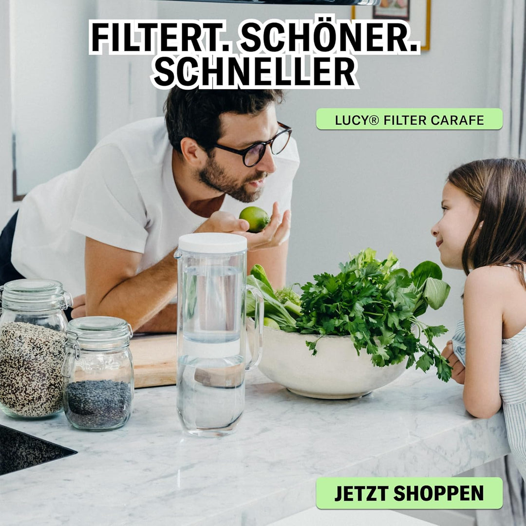 LUCY® Wasserfilter Kanne 2L | Filter Karaffe Glas für Kühlschranktür inkl. Filterkartusche Pad I Fil