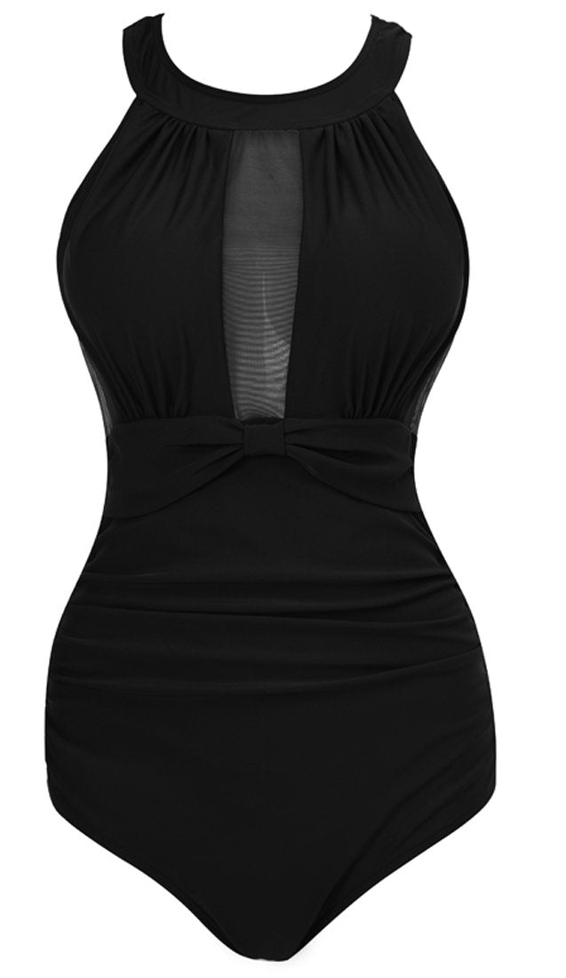 VILOREE Damen Schlankheits Badeanzug Raffung Einteiler High Neck Bademode Strandmode M Schwarz, M Sc