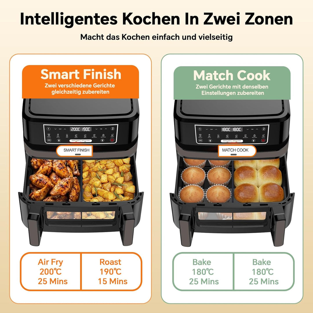 Heissluftfritteuse 12L XXL 2-in-1 Dual-Zone-Technologie, 2600W Doppel-Heizelement Air Fryer mit Sich