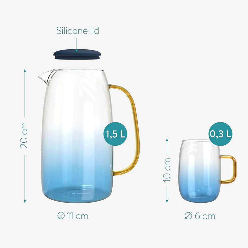 Navaris Wasserkaraffe 1,55 l mit Vier Gläsern - Karaffe aus Glas mit Silikondeckel für kalte und hei