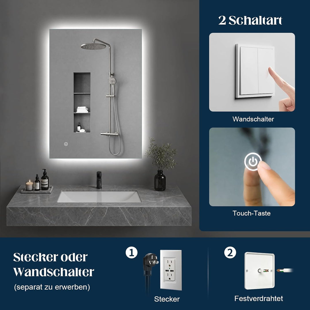 Spiegel-mit-Beleuchtung 40x60cm - Badezimmerspiegel Badspiegel-mit-Beleuchtung, Touch Schalter, 3 Li
