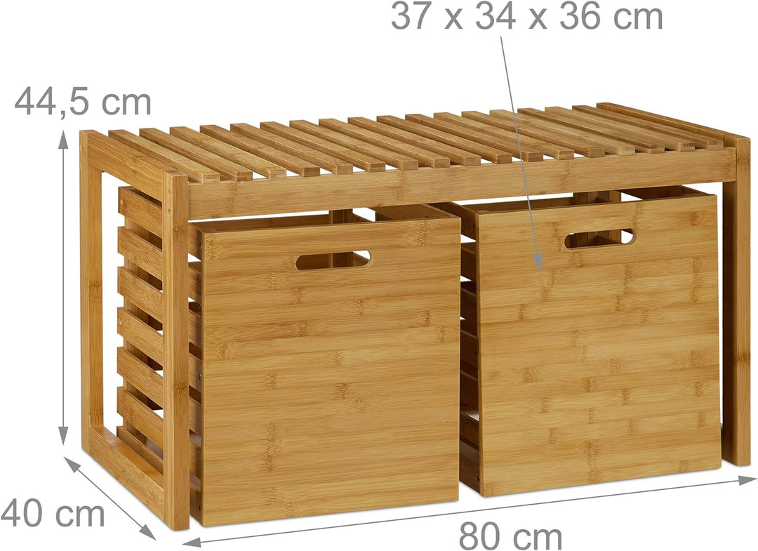 Relaxdays Sitzbank mit Stauraum, Bambus, 2 Aufbewahrungsboxen, Bank für Flur, Bad, Garderobe, HBT 44
