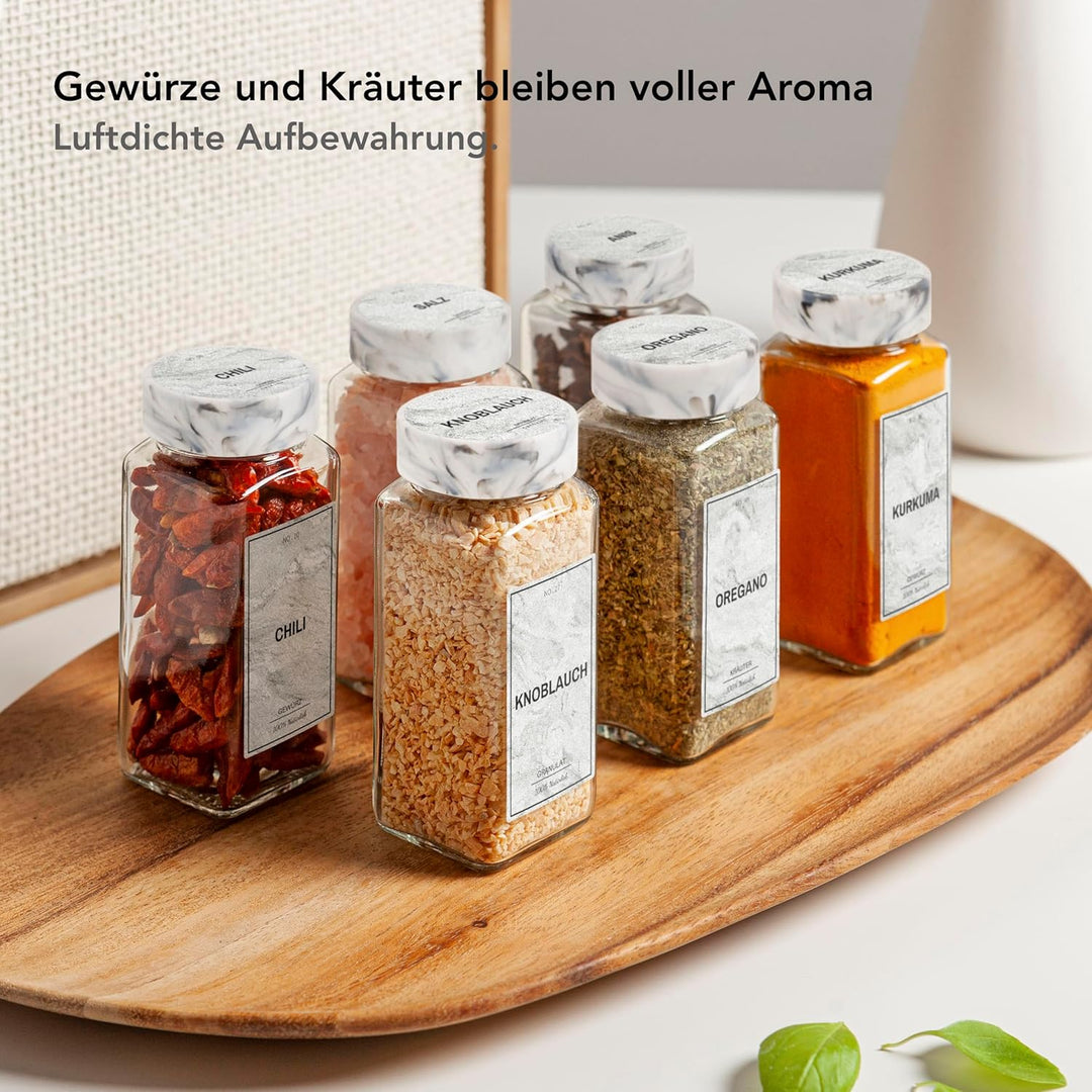 Greeano Mamor Weiss Gewürzgläser Set [24 x 120ml] mit 300 Gewürzetiketten [DE] - Gewürzgläser eckig