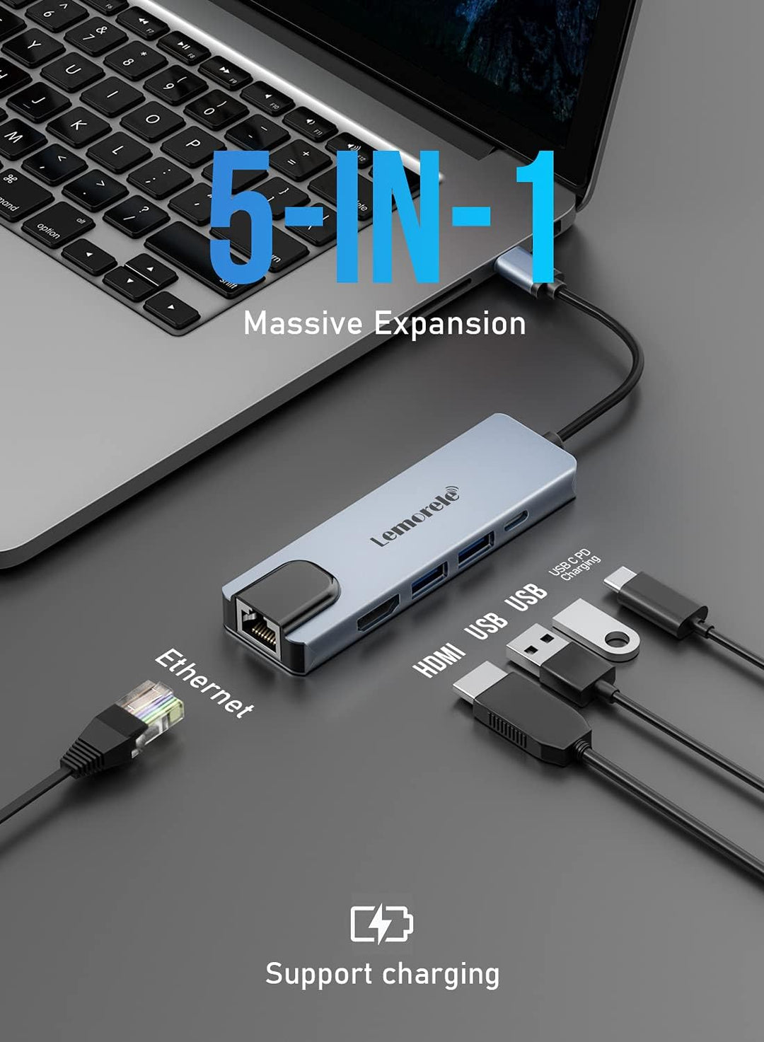 Lemorele USB C Hub (5 in 1 - Upgraded), USB C Multiport Adapter mit HDMI 4K, LAN RJ45 Ethernet, 2 US