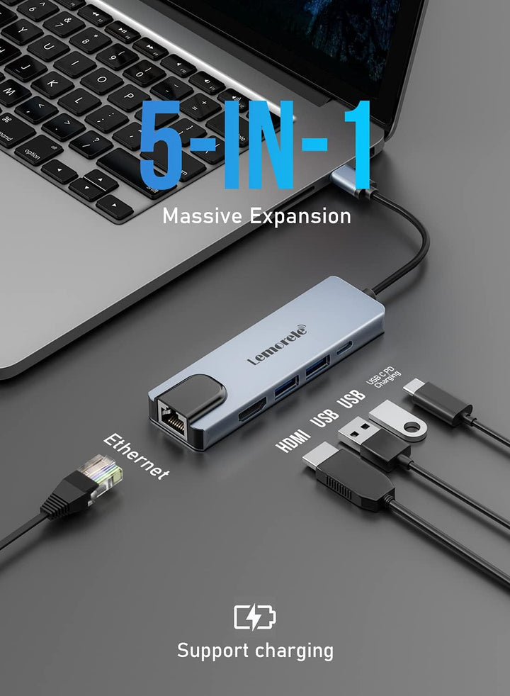 Lemorele USB C Hub (5 in 1 - Upgraded), USB C Multiport Adapter mit HDMI 4K, LAN RJ45 Ethernet, 2 US