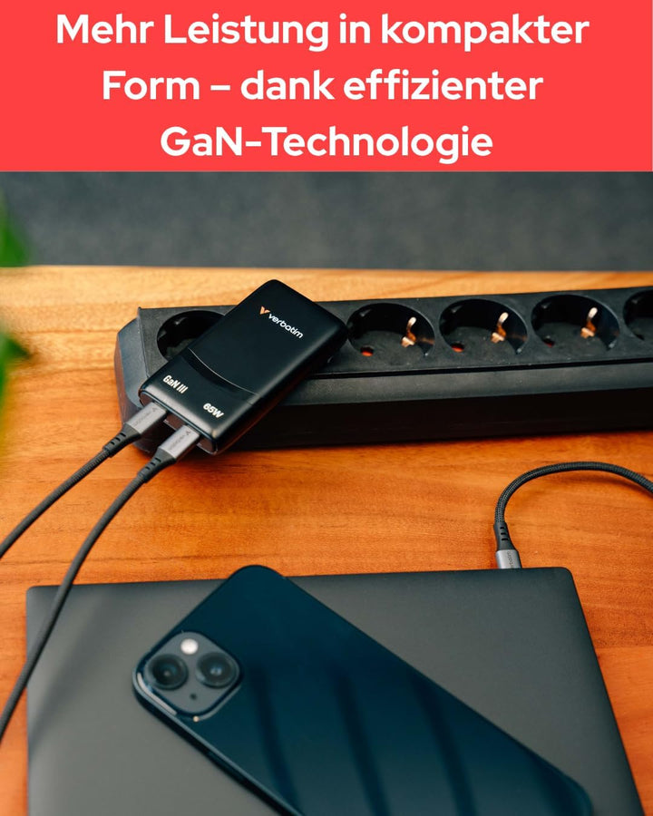 Verbatim Fold 'n' Go GaN Charger 65W, 2 Ports USB-C Ladegerät, faltbar, PD3.0, Kompakt, Schnellladeg