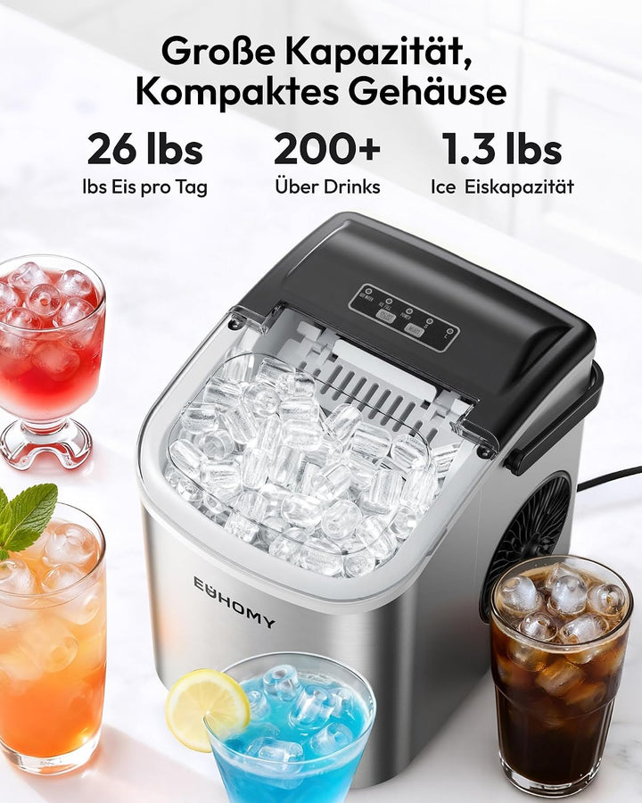 EUHOMY Eiswürfelmaschine Klein, 9 Eiswürfel in 6 Minuten, 12 kg/24H, Eiswürfelmaschine Edelstahl mit