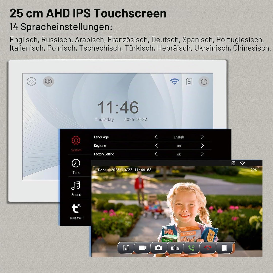 2 Draht WLAN 1080P HD Video-Türglocke-Kamera mit Monitor, Video-Türtelefon Intercom-System, 10 Zoll