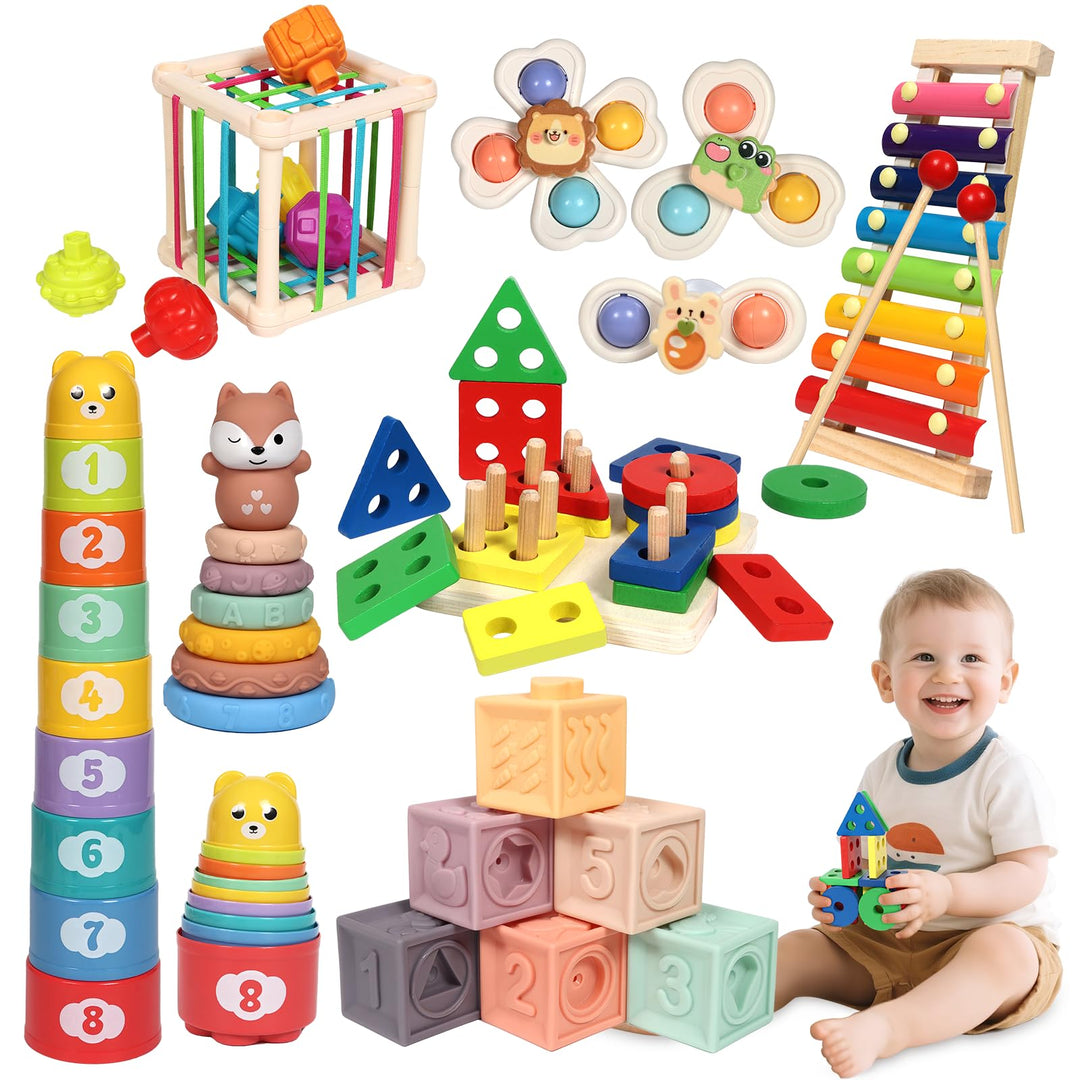 Montessori 7-in-1 Aktivitätsset für Kleinkinder 18–36 Monate – Spielzeug mit Stapelblöcken, Beissrin