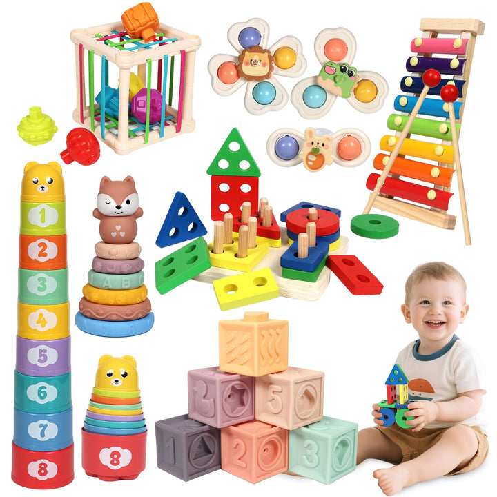 Montessori 7-in-1 Aktivitätsset für Kleinkinder 18–36 Monate – Spielzeug mit Stapelblöcken, Beissrin