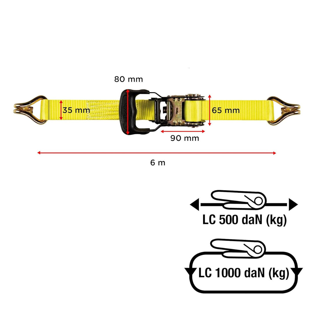 kwb 2x Zurrgurte 6 m x 35 mm, aus strapazierfähigem Polyesterband, mit Komfortentriegelung und Prüfs